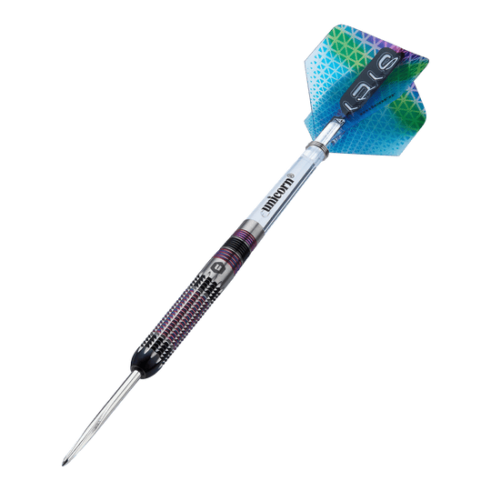 Fléchettes en acier Unicorn Iris Unicorn Iris Steeldarts sind als Set abgebildet. Die Darts haben eine auffällige Form.