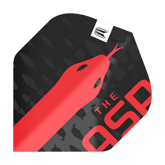 Ailettes Standard Target Pro Ultra Nathan Aspinall No2 - 3 jeux Das Bild zeigt ein Dartflight-Design mit einem roten Schlangenmotiv auf schwarzem Hintergrund. In einer Ecke steht der Text "THE ASP" in roten Buchstaben.