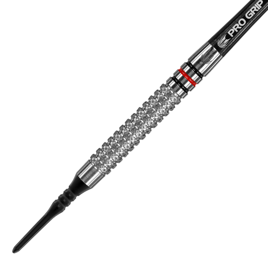 Fléchettes souples Target Vapor8 05 - 18 g Das Bild zeigt einen Target Vapor8 05 Softdart mit einem Gewicht von 18 Gramm. Der Dart hat eine strukturierte Griffoberfläche und eine schwarze Pro Grip Shafts.