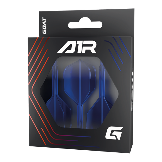 Système d'arbre de vol GOAT A1R n° 6 - Bleu Die Abbildung zeigt das Produkt "GOAT A1R No6 Flight-Shaft-System - Blau" in seiner Verpackung. Im Inneren sind blaue Dart-Flights und -Schäfte sichtbar.
