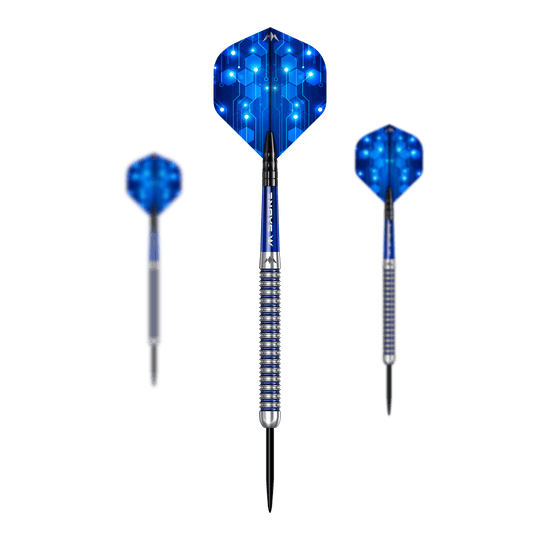 Hier ist das Set Mission ION Blue Silver Steeldarts dargestellt. Es handelt sich um hochwertige Steeldarts in Blau und Silber.