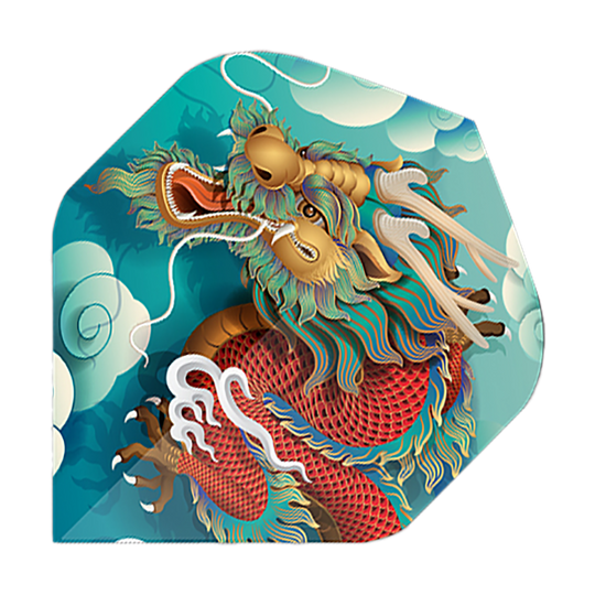 Pentathlon Vols Dragon Das Bild zeigt ein Dart-Flight mit einem bunten Drachenmotiv auf blauem Hintergrund. Es handelt sich um das Produkt "Pentathlon Dragon 5 Standard Flights".