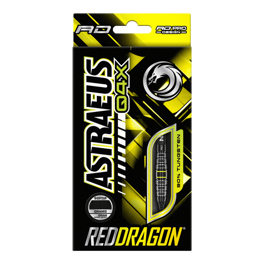 Fléchettes souples Red Dragon Astraeus Q4X Torpedo - 20 g Die Verpackung zeigt die "Red Dragon Astraeus Q4X Torpedo Softdarts" mit einem Gewicht von 20g. Das Design ist in Schwarz und Gelb gehalten und hebt hervor, dass die Darts aus 90% Tungsten bestehen.