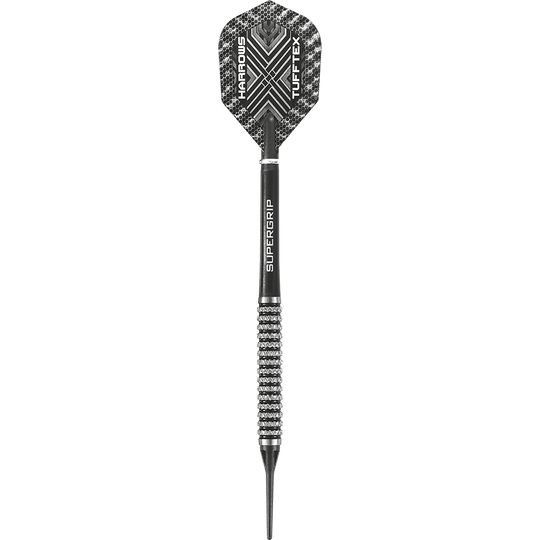 HA06816-Harrows-Nemesis-85-Softdarts-1jNGSHKvs1n2YG Auf dem Bild ist ein schwarzer Softdart mit einer strukturierten Griffoberfläche zu sehen. Auf dem Flight stehen die Wörter "Harrows" und "Tufftex".