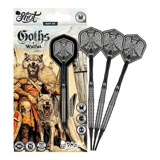 Fléchettes souples Shot Goths Wulfaz - 20 g Abgebildet sind die Shot Goths Wulfaz Softdarts - 20g in einer Gesamtansicht. Sie sind perfekt für Softdartspieler geeignet.