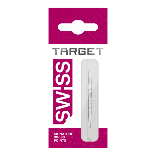 Pointes de fléchettes en acier Target Signature Swiss Point TRB - argent Drei silberne Dartspitzen liegen nebeneinander. Das Bild zeigt vermutlich 'Target SwissPoint Signature TRB Dartspitzen' mit einer Länge von 30 mm.