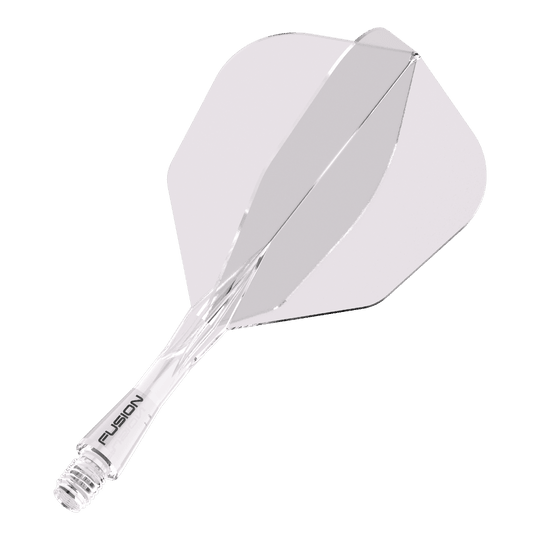 Système d'arbre de vol Winmau Fusion n° 6 transparent Das Bild zeigt das Produkt "Winmau Fusion Flight-Shaft-System No6 Clear". Es handelt sich um ein durchsichtiges Flight- und Schaftsystem für Dartpfeile.