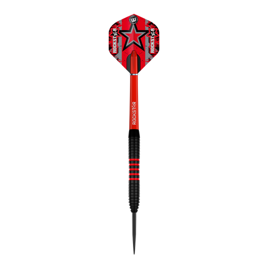 Fléchettes en acier Winmau Joe Cullen en laiton - 20 g Das Bild zeigt einen Winmau Joe Cullen Brass Steeldart mit einem Gewicht von 20g. Der Dart ist überwiegend rot und schwarz gestaltet und trägt die Aufschrift "Rockstar" auf dem Schaft und dem Flight.