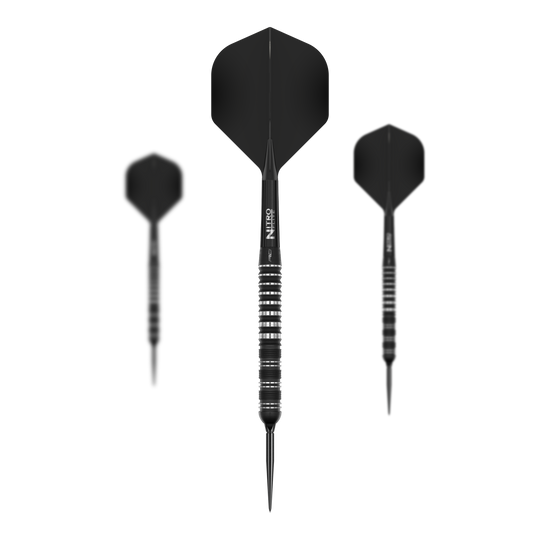Gezeigt wird ein Set der Red Dragon Sable Parallel Switch Point Steeldarts. Das Set enthält drei Darts in silberner Farbe.