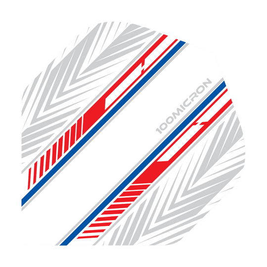 Vols de Pentathlon blanc/rouge/bleu Das Bild zeigt ein Dartflight in Weiß mit roten und blauen Streifen. Auf dem Flight steht „100 Micron“ und es hat ein geometrisches Muster im Hintergrund.