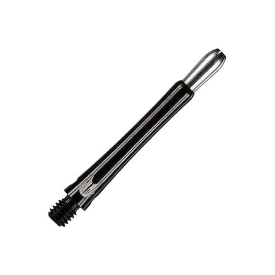 Das Bild zeigt einen schwarzen Aluminium-Dartshaft mit Gewinde. Er ist schmal und hat ein glänzendes Finish.