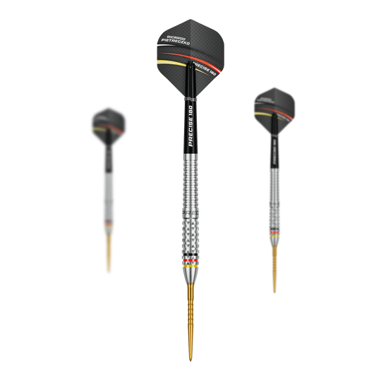 Fléchettes en acier Precise 180 Ricardo Pietreczko GEN1 Das Bild zeigt ein Set der Precise 180 Ricardo Pietreczko GEN1 Steeldarts. Enthält mehrere Steeldarts für Wettkämpfe oder Training.