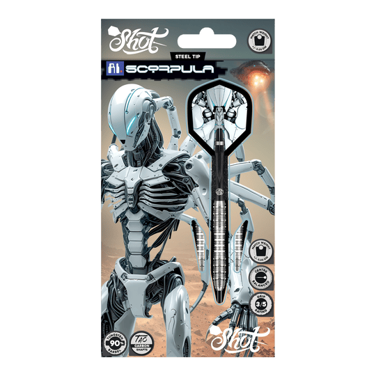 Shot IA Scorpula Steeldarts Das Bild zeigt die Shot AI Scorpula Steeldarts. Die Darts haben ein modernes und auffälliges Design.