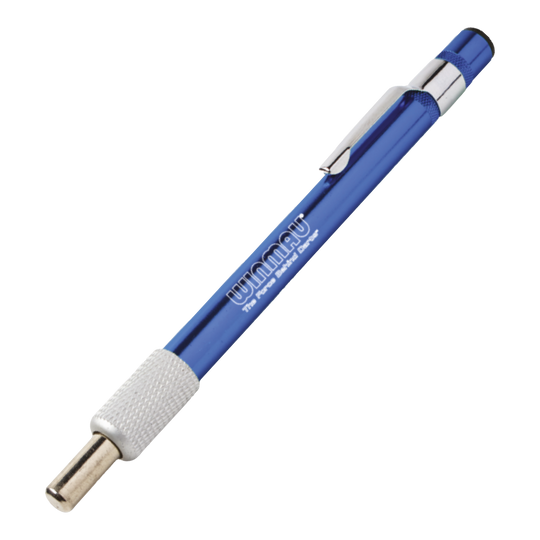 Pierre à aiguiser Winmau Diamond Point Ein blauer Schleifstein für Dartspitzen ist abgebildet. Das Produkt dient dazu, die Spitzen von Darts zu schärfen.