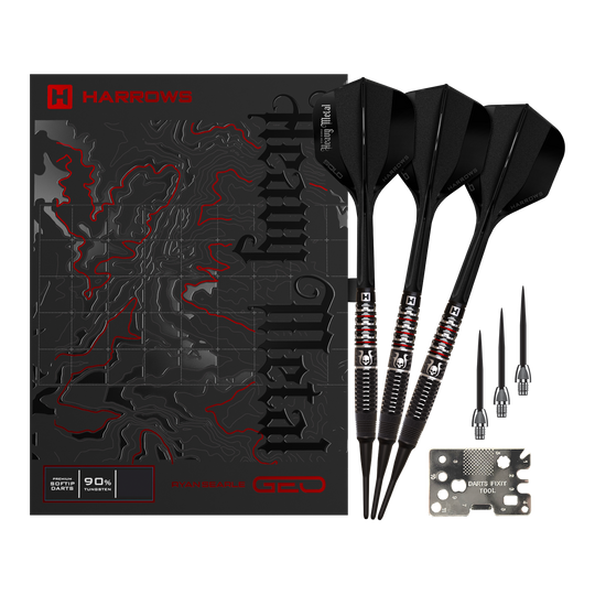 Harrows Ryan Searle Geo Softdarts - 20g Harrows Ryan Searle Geo Softdarts mit 20g Gewicht werden präsentiert. Sie sind silberfarben und filigran gestaltet.