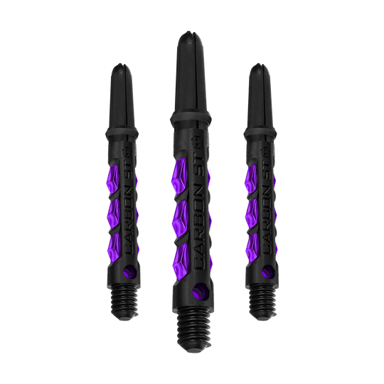 HR426_Harrows_Carbon_ST_Shafts_Lila_40mm_1fc2LyOmLsFmz8 Auf dem Bild sind drei Harrows Carbon ST Shafts in der Farbe Lila zu sehen. Die Dartschäfte bestehen aus schwarzem Material mit auffälligen, lilafarbenen Akzenten.