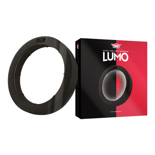 Système d'éclairage Bulls NL Lumo Light Surround Das Bild zeigt das Produkt "Bulls NL Lumo Light Surround Beleuchtungssystem". Links ist der Leuchtring selbst zu sehen, rechts die Verpackung mit Produktnamen und Design.