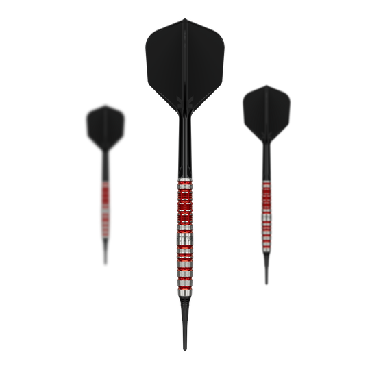 Fléchettes souples Target Black Marque Spinel - 21,5 g Target Black Marque Spinel Softdarts - 21,5g ist ein Softdart-Set für präzises Spiel. Das Bild zeigt alle Komponenten des Sets auf einen Blick.