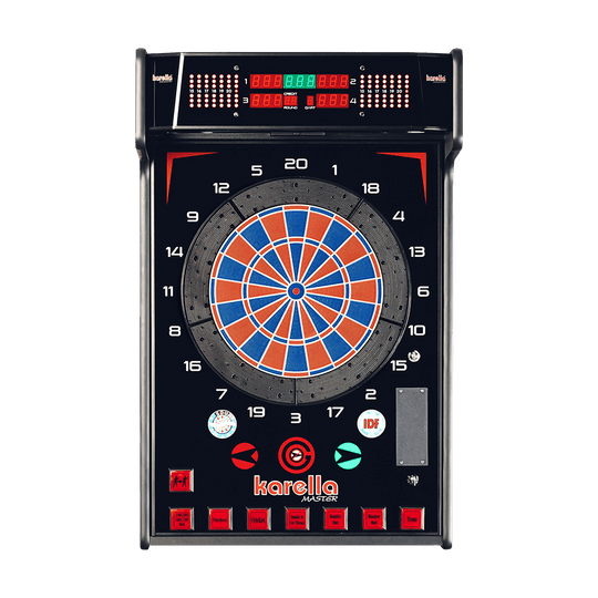 Karella_E-Master_Dartautomat_Wandmontage_Ohne_M-nzeinwurf_1 Das Bild zeigt den Karella E-MASTER Dartautomaten ohne Münzeinwurf. Die Dartscheibe ist elektronisch und hat ein digitales Anzeigefeld sowie mehrere Bedientasten.