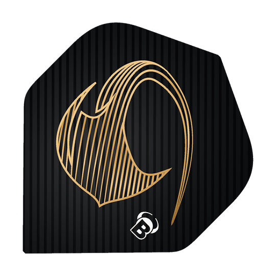 Das Bild zeigt ein schwarzes Dart Flight mit einem goldenen, stilisierten Stingray-Design. Unten ist ein kleines weißes "B" Logo abgebildet.