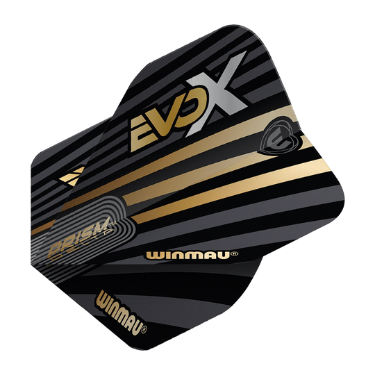 Vols standard Winmau Prism Delta MvG Evo-X n° 2 Das Bild zeigt die Winmau Prism Delta MvG Evo-X No2 Standard Flights. Die Flights sind schwarz-gold gestaltet und mit den Aufschriften "EVO X", "WINMAU" und "PRISM DELTA" versehen.
