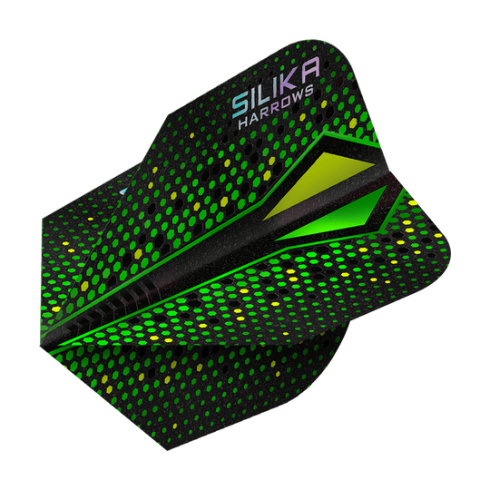 Harrows Silika Colorshift Revêtement cristallin résistant Green-X No6 Flights Das Bild zeigt einen grünen Dartflight mit auffälligem Punktmuster und dem Aufdruck „SILIKA HARROWS“. Die Oberfläche hat eine schimmernde, kristallähnliche Beschichtung.