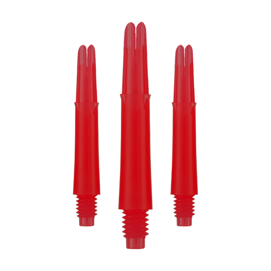 Arbres en L verrouillés droits - Rouge Auf dem Bild sind drei rote, gerade Dartschäfte zu sehen. Sie haben ein Schraubgewinde am unteren Ende und sind jeweils 32 mm lang.