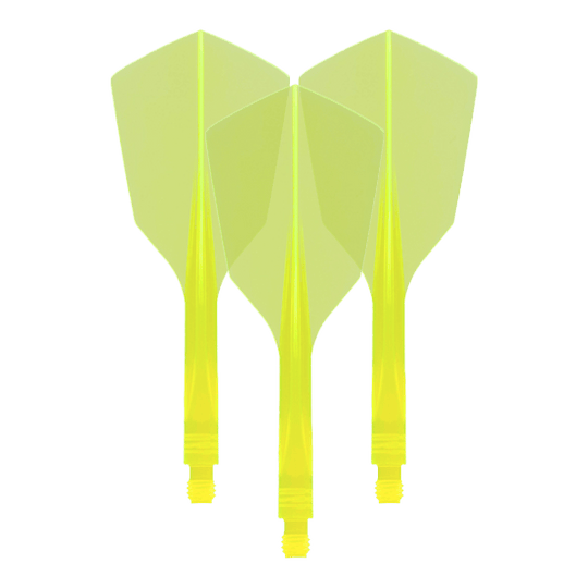 Condor Ax 120 Flight System Jaune fluo - Étroit Das Bild zeigt drei neon-gelbe Dartflights mit schmaler Form. Es handelt sich um das Produkt „Condor Axe 120 Flight-System Neon Yellow - Narrow“.