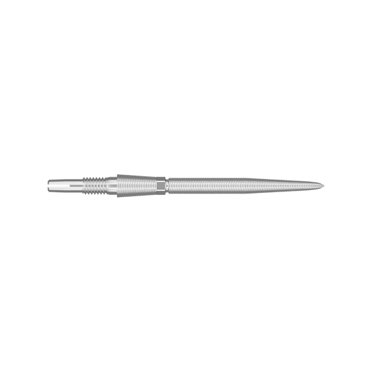 340081_Target_Swiss_Storm_Nano_Point_Dartspitzen_Silber_30mm_2 Dies ist eine silberne Dartspitze mit feinen Rillen. Sie ist schmal und hat eine spitz zulaufende Form.