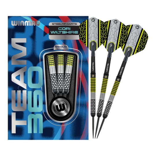 Fléchettes en acier Winmau Team 360 Cori Wiltshire - 24 g Das Bild zeigt die Winmau Team 360 Cori Wiltshire Steeldarts mit 24 Gramm. Diese hochwertigen Steeldarts sind für professionelle Dartspieler geeignet.