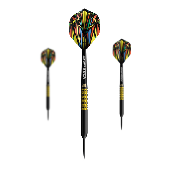 Das Bild zeigt einen gelben Tungsten-Steeldart. Das Produkt ist unter dem Namen 'GD7000770 GOAT Athlete Yellow Tungsten Steeldarts 1 Set' bekannt.