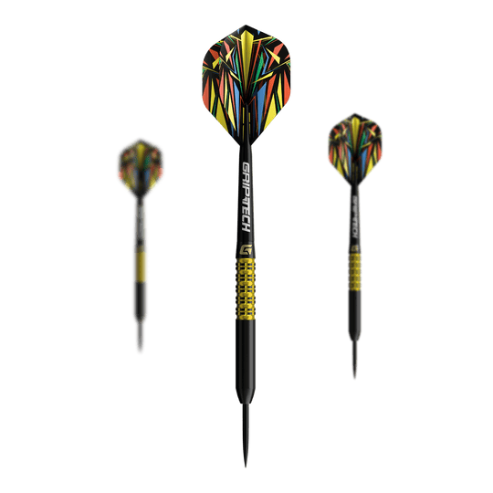 Fléchettes GOAT Athlete en acier tungstène jaune Das Bild zeigt einen gelben Tungsten-Steeldart. Das Produkt ist unter dem Namen 'GD7000770 GOAT Athlete Yellow Tungsten Steeldarts 1 Set' bekannt.