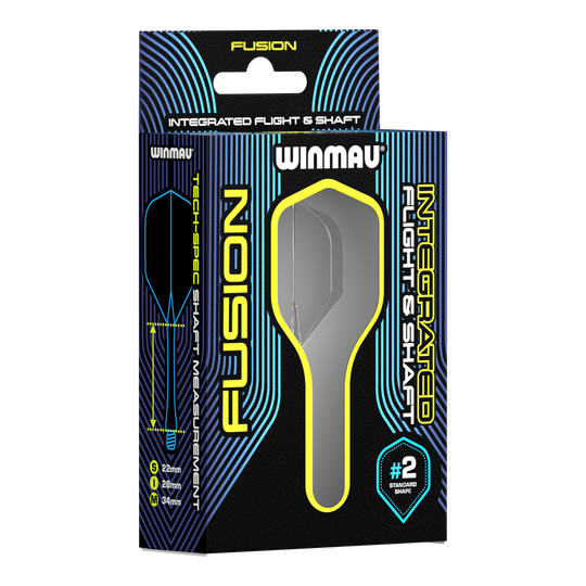 Système d'arbre de vol Winmau Fusion Standard Smokey Auf dem Bild ist eine Verpackung des Winmau Fusion Integrated Flight & Shaft Systems zu sehen. Das Produkt hat die Größe 22 mm und ist in der Farbe "Smokey" erhältlich.