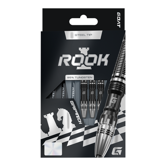 Das Bild zeigt GOAT Rook Steeldarts. Es handelt sich um hochwertige Steeldart-Pfeile.