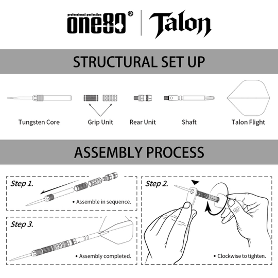 Fléchettes en acier One80 Talon T1 Abgebildet sind die One80 Talon Steeldarts. Diese Darts bieten eine hochwertige Verarbeitung und ein modernes Design.