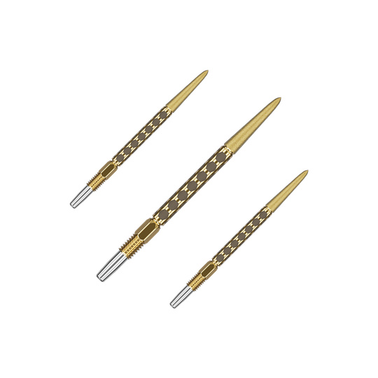 Embouts de fléchettes Target Swiss FLT Point - Or Mehrere kurze goldene Dartspitzen sind als Set nebeneinander angeordnet. Die Spitzen verlaufen parallel.
