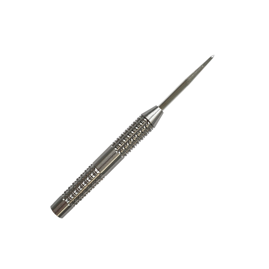Canons en acier McDart SilverGrip Das Bild zeigt einen silbernen Steeldart-Barrel mit feinem Rillenmuster für besseren Halt. Es handelt sich um das Produkt "McDart SilverGrip Steeldart Barrels".