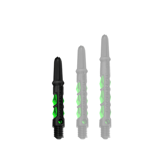Das Bild zeigt drei Harrows Carbon ST Shafts in der Farbe Grün. Die Shafts sind jeweils in unterschiedlichen Längen angeordnet.