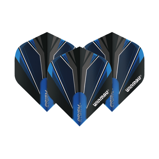 6915-153_Winmau_Prism_Alpha_Blue_Standard_Flights_1t8JGRceeogJn1 Das Bild zeigt drei Winmau Prism Alpha Blue Standard 2 Flights für Dartpfeile. Sie sind in Schwarz und Blau mit markanten Linien und dem Winmau-Logo gestaltet.