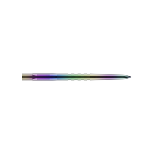 Dies ist eine bunte, metallische Steeldartspitze mit Rillen. Sie ist schlank und hat eine Länge von 32 mm.
