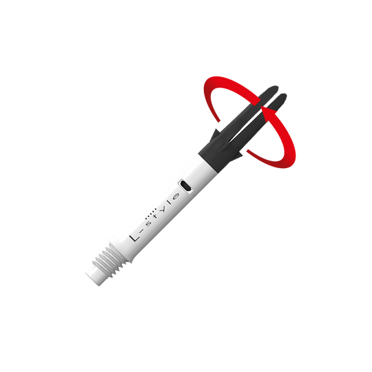 Tige de selle droite silencieuse en carbone style L - Blanc Das Bild zeigt einen weißen und schwarzen Dartshaft mit der Aufschrift "L-style". Ein roter Pfeil deutet auf eine Drehbewegung an der oberen schwarzen Spitze des Schafts hin.