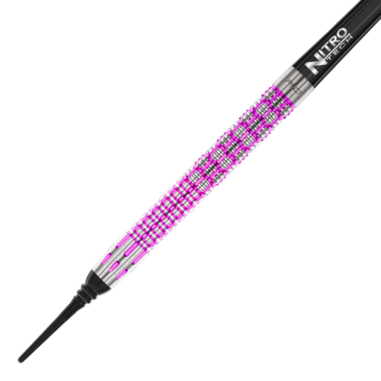 Fléchettes souples Red Dragon Tyrian - 22 g Das Bild zeigt einen Red Dragon Tyrian Softdart mit einem Gewicht von 22g. Der Dart hat ein auffälliges Muster in Silber und Pink am Griff.