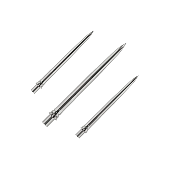 Pointes de fléchettes Caliburn EVO - Lisses - Argent Das Bild zeigt silberne Dartspitzen mit einer glatten Oberfläche, wahrscheinlich aus Metall. Die Dartspitzen sind 28mm lang und werden als Set präsentiert.
