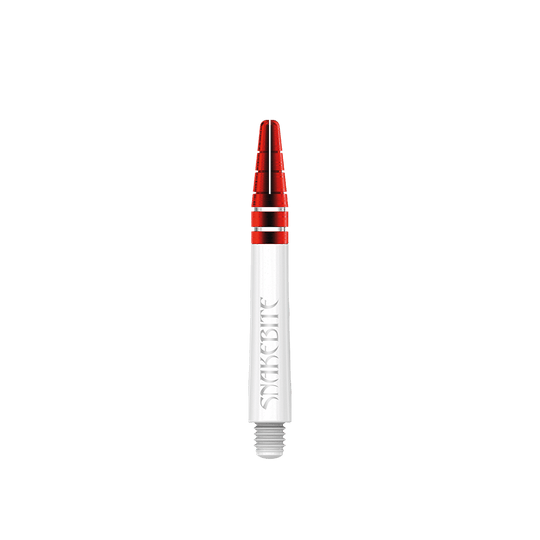 Das Bild zeigt einen Red Dragon Nitrotech Peter Wright Red Shaft in 39 mm Länge. Der Schaft ist weiß mit roten und silbernen Akzenten gestaltet und trägt die Aufschrift "Snakebite".