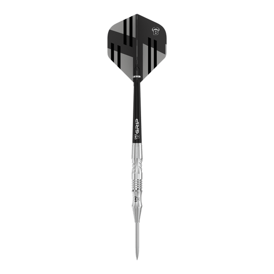 Fléchettes en acier Bulls Tac T1 Das Bild zeigt einen Bulls Tac T1 Steeldart. Der Dart hat ein silbernes Barrel und ein schwarz-graues Flight-Design.