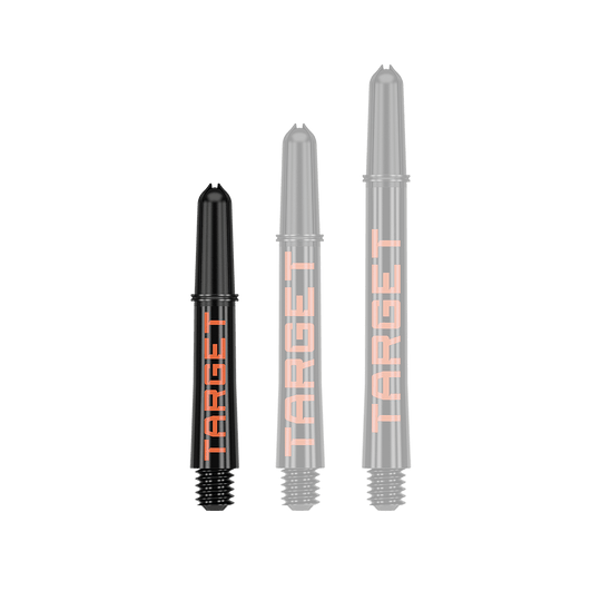 Tiges Target Pro Grip TAG - 3 jeux - Noir Orange Auf dem Bild sind drei schwarze Dartschäfte in unterschiedlichen Längen zu sehen. Auf jedem Schaft steht in orangefarbener Schrift das Wort "TARGET".