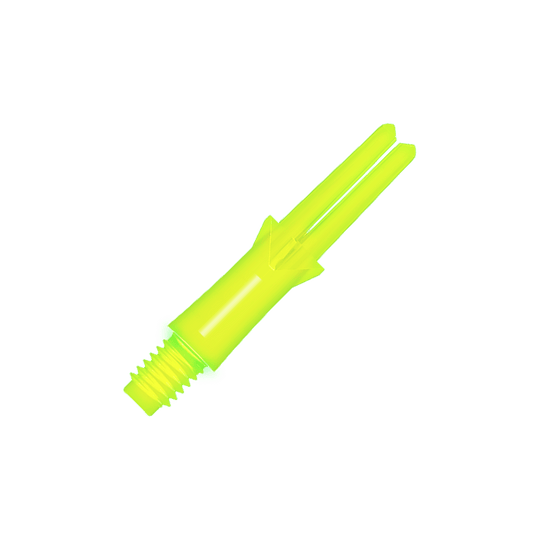 Arbres en L verrouillés droits - Jaune fluo Das Bild zeigt einen neongelben geraden Flightschaft für Dartpfeile. Der Schaft hat ein Schraubgewinde an einem Ende und eine offene Gabel am anderen Ende.