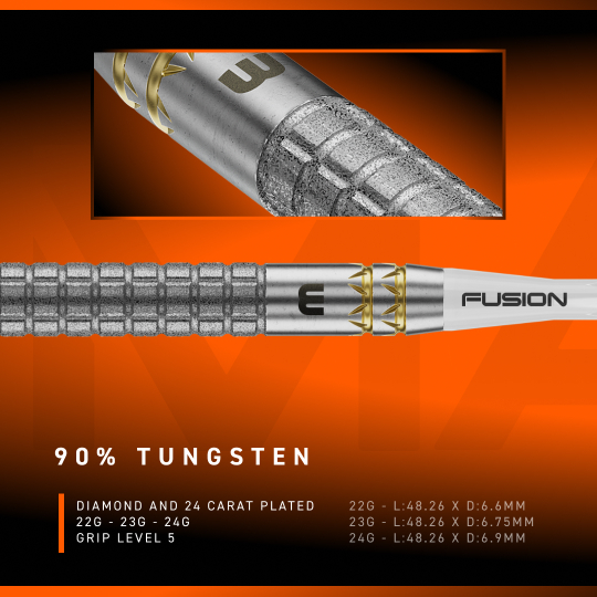 Fléchettes en acier Winmau Gian Van Veen W-MAX Switch Point Die Abbildung zeigt die Winmau Gian Van Veen W-MAX Switch Point Steeldarts. Drei Darts liegen nebeneinander auf einer weißen Fläche.