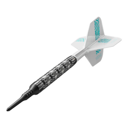 Fléchettes souples Target Rob Cross 95K Swiss Point - 18 g Auf dem Bild ist ein Target Rob Cross 95K Swiss Point Softdart mit 18g zu sehen. Der Dart hat einen strukturierten silbernen Barrel, eine schwarze Spitze und weiße Flights mit türkisfarbenen Akzenten.