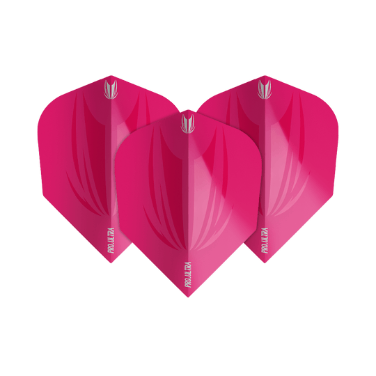 Das Bild zeigt drei pinkfarbene Dart-Flights der Marke Target ProUltra ID in der Größe No6. Sie haben ein glänzendes Design mit dem Schriftzug "PRO ULTRA" am unteren Rand.